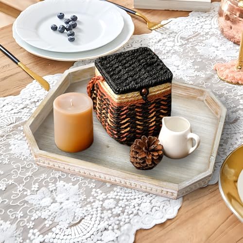 Wooden Decorative Tray, Rustic Serving Tray with Wood Bead, Farmhouse Big Tray for Ottoman, Countertop, Coffee Tabl, 16.5" x 13"x 1.6" (White Washed) - Image 3