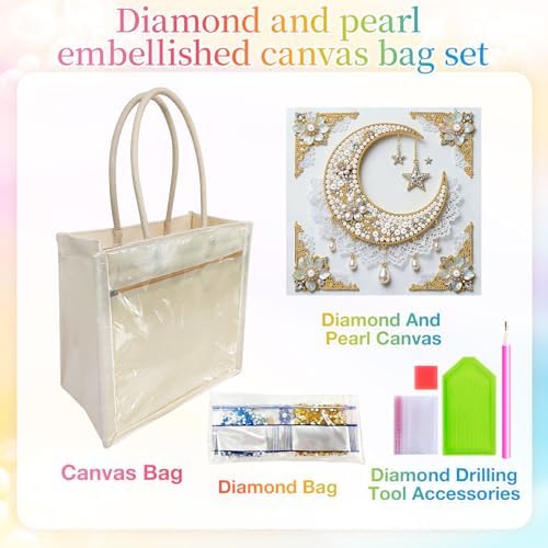 Xylzzuit DIY Pearl Painting Canvas Tote Bag Kit 11.42IN Diamond Art Handbag for Women Shopping Grocery Bag Dots Beads Art Craft Gift (Moon) - Image 2