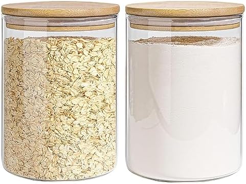 Glass Storage Jars Set Elegant Containers with Airtight Bamboo Lids, Perfect for Kitchen Organization - Flour, Rice, Pasta, Sugar, Coffee Beans, Accessories Included (2 packs(111oz)) by EQEYBRAND