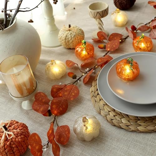 Light Up Glass Pumpkins (Set of 3) - Silver Frosted Crackle LED Pumpkin Decor with Warm White Lights, Battery Operated Fall Centerpiece for Table, Halloween, Thanksgiving & Christmas Decorations - Image 2
