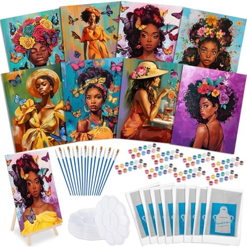 Tenceur 72 Pieces Pre Drawn Canvas Kit 8" x 10" Paint and Sip Kit for Adults Painting Party Pre Printed Canvas DIY Pre Stenciled Canvas with Paints Easels Aprons Brushes for Party Gifts(Black Girl) by Tenceur