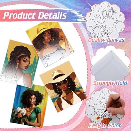 Zhanmai Afro Queen 88 Pcs 8 x 10 Inch Pre Drawn Canvas for Painting Kit Pre Stretched Canvas for Sip and Paint Party Favor Coloring DIY Virtual Party Birthday Gifts Adult's Date Night - Image 3