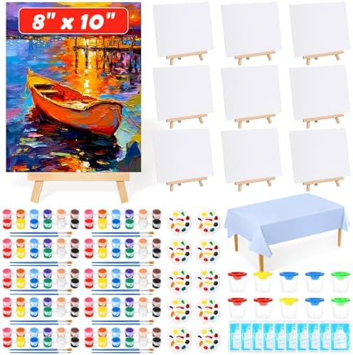 10 Pack Paint and Sip Kit for Adults, 8x10 in Canvas Painting Kit for Party by Evatage