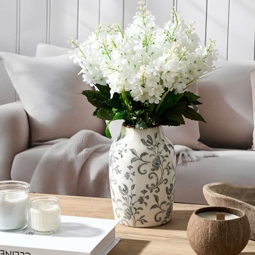 SIDUCAL Ceramic Vintage Vase, 7 Inch Retro Ice Cracked Chinoiserie Floral Vase, Rustic Farmhouse Vases for Home Decor, Bookshelf, Office, Garden, Chinoiserie Decor, Tuscan Decor, Gray Floral Pattern - Image 3
