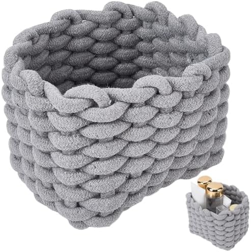 CREATCABIN Woven Small Baskets Cotton Rope Baskets for Organization Bin Gray Mini Tiny Baskets Boho Square Storage Basket for Nursery Cosmetics Living Room Bathroom Cube Shelf Home Decor 7x5x6Inch by CREATCABIN