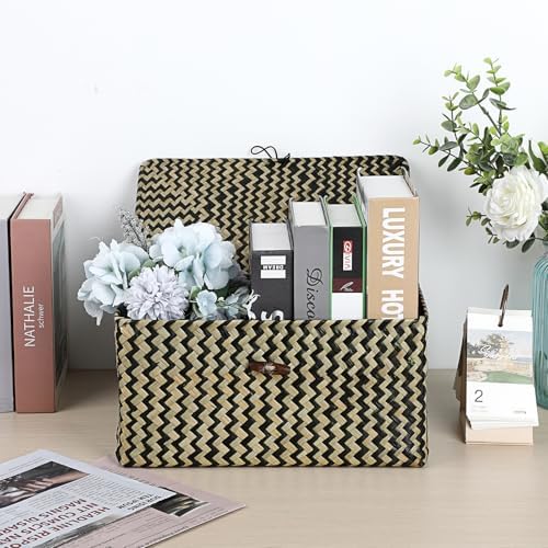 Hipiwe Wicker Shelf Basket Box with Lid - Natural Seagrass Storage Baskets - Image 2