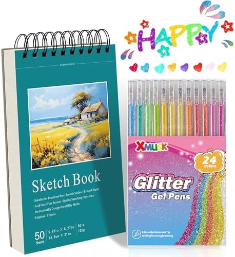 24 Colors Glitter Gel Pens Set with A5 Sketchbook (50 Sheets 120gsm) by Xmusk