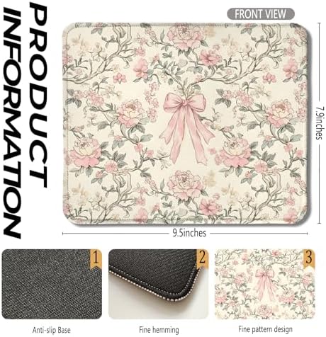Vintage Pink Floral Mouse Pad, Coquette Girly Pink Bow Peony Flower Aesthetic Mouse Pads for Wireless Mouse Computers Laptop Desk Accessories, Preppy Girly Office Supplies, 9.5x7.9 Inch - Image 2