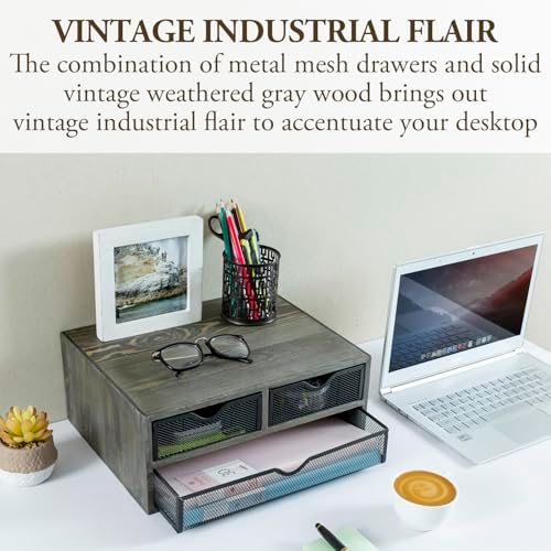 MyGift Vintage Weathered Gray Solid Wood Desktop Organizer Box with 3 Removable Black Metal Mesh Trays, Office Desk Supplies Storage Drawers for Accessories - Image 4