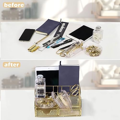 Office Desk Organizers, Gold 13PCS Office Supplies and Accessories Desk Organizer, Acrylic Stapler, Staple Remover, Clips, Scissor, Phone Holder, Pen, Pen Holder - Image 5