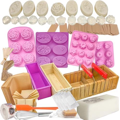 Soap Making Kit for Adults All-in-One Soap Making Supplies Includes Melt & Pour 2.2LBs Goat Milk Soap Base, Silicone Loaf Molds, Cutting Box Premium 500+PCS DIY Craft Supplies by KELODO