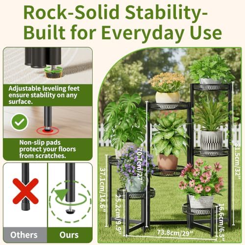 Plant Stand Indoor Outdoor, 7 Tier Large Plant Stand with 7.9-Inch Wide Drainage Tray, Tiered Corner Metal Iron Flower Display Holder Shelf, Folding Tall Rack for Patio Balcony Porch - BlackFlower - Image 3