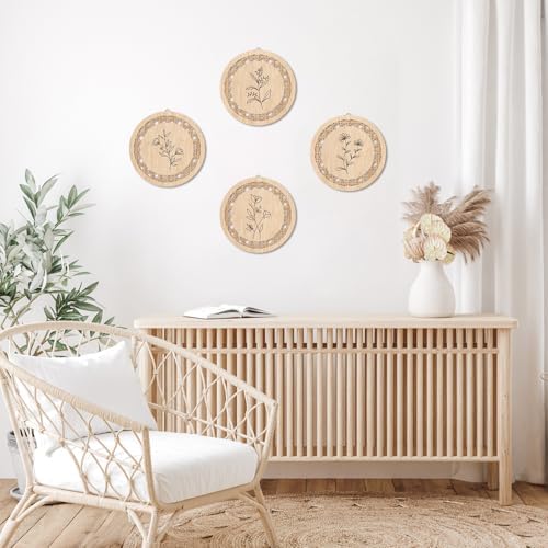 HPNIUB Minimalist Floral Wall Decor, Farmhouse Line Botanical Hanging Wooden Sign Wall Art, 4 Pieces 9.8''x9.8'' Aesthetic Flowers Leaf Wood Plaque, Modern Neutral Pictures for Living Room Office - Image 4