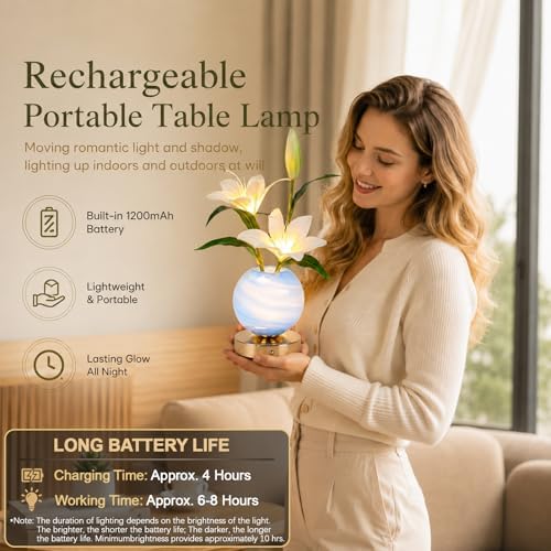 Lily Table Lamp, 3 Color Planet Night Light, Rechargeable Cordless Touch Dimming Artificial Flower Light, LED Flower Bedside Lamp Romantic Gifts for Girl Women Mom (White Lily) - Image 5