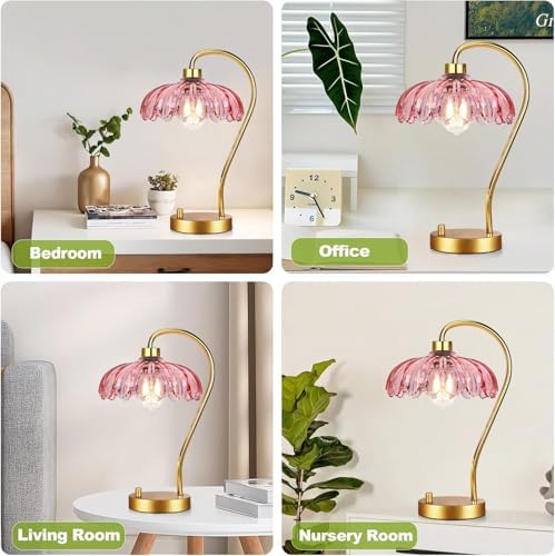 ILLMTW Flower Table Lamp for Bedroom Living Room,Pink Small Bedside Lamps Dimmable Boho Gold Bedroom Lamp with Glass Lamp Shade,Vintage Mid Century Modern Mini Nightstand Lamp - Image 6