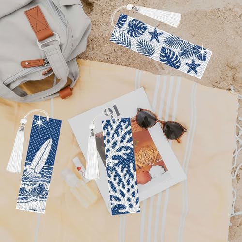 8PCS Diamond Painting Art Bookmarks,Cute Acrylic Bookmarks Crafts Kits Gifts with Tassels for Adult Women Book Lovers (Beach) - Image 6