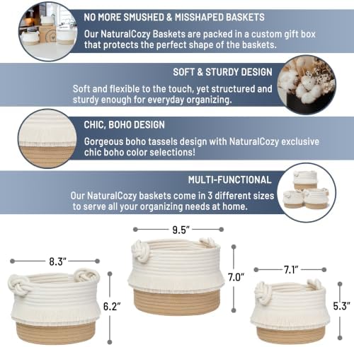 NaturalCozy 3-Piece Decorative Storage Basket Set – Cotton Rope Woven Baskets for Organizing! Small Basket for Nursery Baby Stuff, Gift Basket, Montessori, Dog Toy Bin, Cat Basket, Bathroom Shelves - Image 2