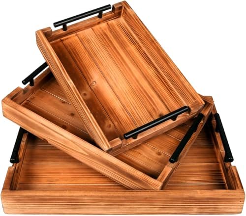 3Pcs Nested Vintage Wood Serving Tray Set, Coffee Table Ottoman Decor Trays by Juleduo