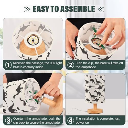 Dinosaur Silhouette T-rex Black and White Bedside Table Lamps with USB Port for Bedroom Lamp Accent Table Lamp Small Nightstand Lamp Sturdy Linen Shade Wooden Decorative Lamps for Home|Kids|Holiday - Image 6
