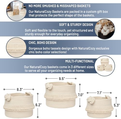 NaturalCozy 3-Piece Boho Decor Storage Basket Set – Cotton Rope Woven Baskets for Organizing! Small Basket for Baby Stuff, Baby Shower, Gift Basket, Nursery Basket, Planter, Toy Basket, Shelves - Image 2