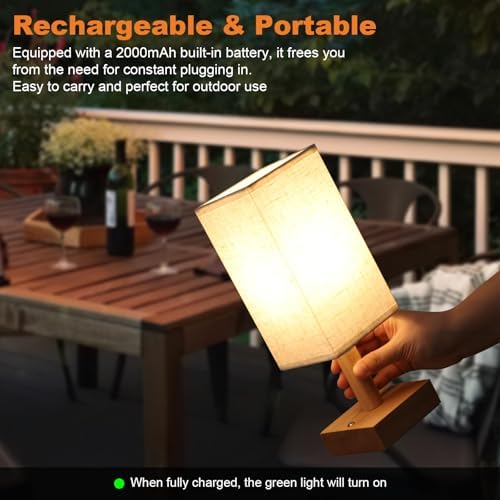 UCHENTON Small Cordless Touch Square Table Lamp with Stepless Dimming, Natural Wood Base & Linen Fabric Shade, Battery-Powered Ambient Night Light for Bedroom, Bedside, Nightstand,Room, Nursery - Image 3