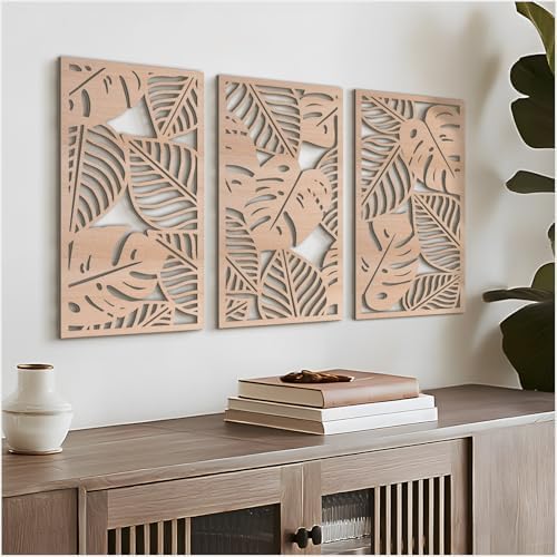 VIYYIEA Boho Solid Wood Carved Wall Art Set of 3, Geometric Minimalist Wooden Home Decor Panels, Handcrafted Solid Wood Wall Hanging for Living Room Bedroom Hallway, 16 x 8 Inch Each (Leaves Oak) by VIYYIEAART