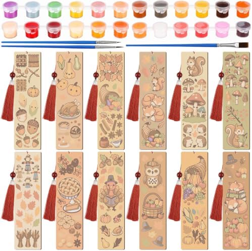 Kosiz 12 Pcs Fall Paint by Number Kit for Adult Thanksgiving Wood Bookmark by Kosiz