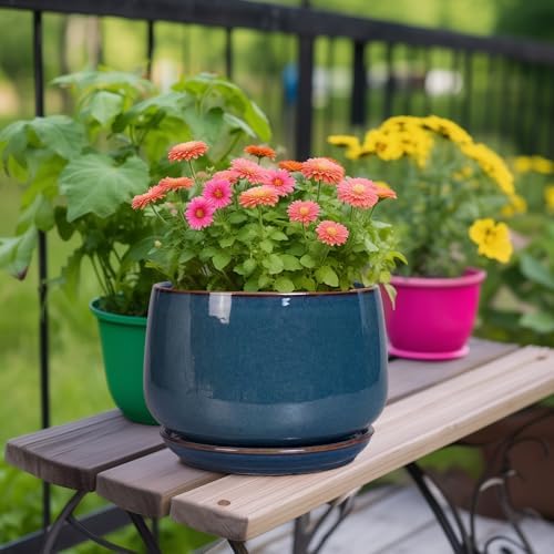 G EPGardening Ceramic Plant Pots - 9 Inch Round Modern Planter Indoor with Drainage and Tray for Indoor Outdoor Flower, Office Decor, Gardening Gifts, Retro Blue - Image 2