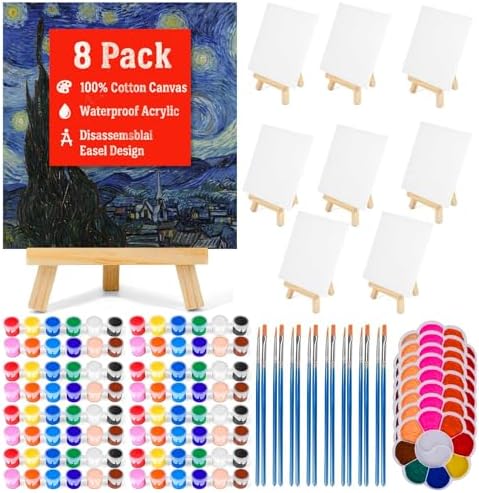 Orbixa Paint Party Kit for Adults & Kids – 8-Pack All-in-One Sip & Paint Set with Easels, Brushes, Acrylic Paints & 100% Cotton Canvas Boards – Perfect for Paint Nights, Group Events & Gifts by orbixa