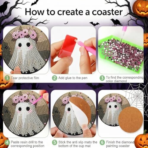 LWZAYS 8 PCS Halloween Ghost Diamond Art Coaster Kits with Holder - Horror Diamond Painting for Adults Beginners - 5D Gem Art Dots Paintings with Cork Pads - Crafts Supplies - Image 4