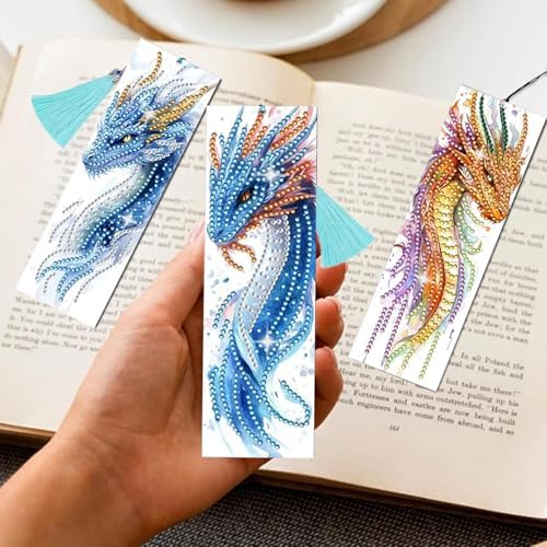 Puraikcmi 5D DIY Diamond Art Bookmarks Kit Dragon 6 PCS Acrylic Diamond Painting Bookmarks Kits with Tassels, Rhinestone Crafts Decoration Gift Set for Book Lovers Beginners & Adults (Partial Drill) - Image 2