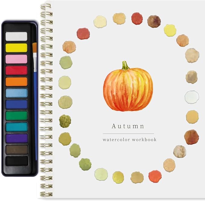 Beginner-Friendly Watercolor Workbook,12 Colors Watercolor Paint Set with Paint Brush,Art Crafts Painting Supplies,Beginner-Friendly Watercolor Painting Kit（Autumn）
