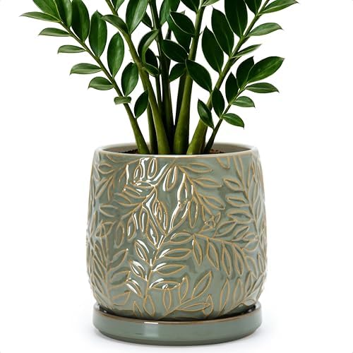 D'vine Dev Embossed Leaves Ceramic Planter, 6 in, Olive, 27-A-X-0 by DvineDevPlanterPotsandStand
