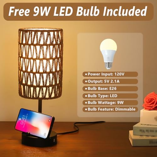 Bedside Lamps Set of 2, Touch Control Night Stand Lamp for Bedroom with Rattan & Linen Shade & Bulbs, 3 Way Dimmable Small Boho Table Lamps with USB Charging Port & Phone Stand (Coffee Color) - Image 6