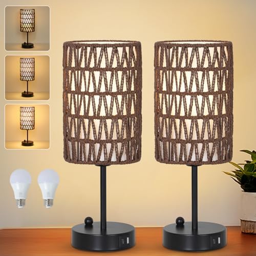 Bedside Lamps Set of 2, Touch Control Night Stand Lamp for Bedroom with Rattan & Linen Shade & Bulbs, 3 Way Dimmable Small Boho Table Lamps with USB Charging Port & Phone Stand (Coffee Color) by LightingFixtures