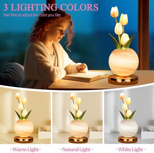 Tulip Table Lamp, Rechargeable Cordless Touch Dimming Artificial Tulip Flower Desk Lamp, LED Flower Bedside Night Light Romantic Gifts for Girl Women Mom (Pink) - Image 3