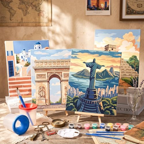 Sherr 96 Pcs 12 Set Pre Drawn Canvas Painting Kits, City - Image 3