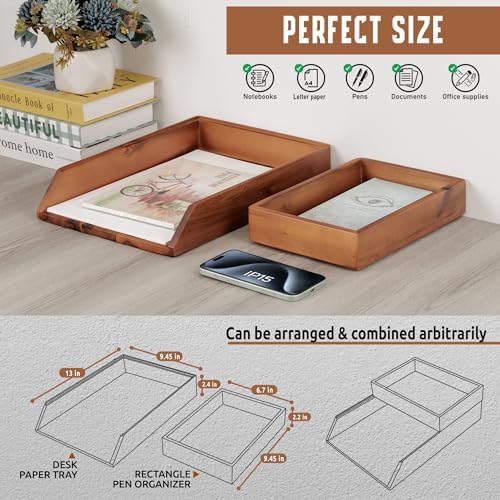 DEMIGO Desk Organizer Letter Tray Set of 2, Natural Acacia Wood Paper Tray - Image 2