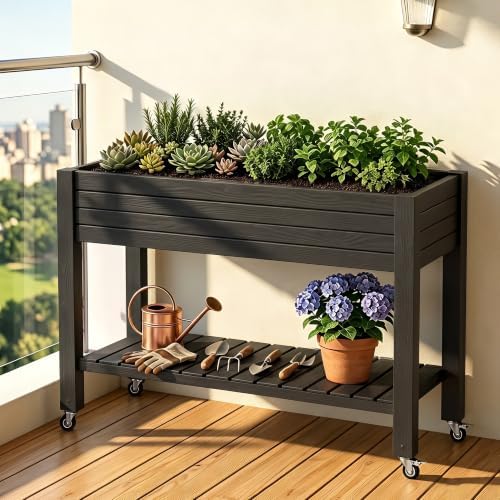 Elevated Resin Raised Garden Bed, 33.7in Height Raised Planter Box with Drainage Holes, Lockable Rotating Wheels & Bottom Storage Shelf, Stake Support, Easy Assembly for Patio Lawn Backyard Balcony - Image 7