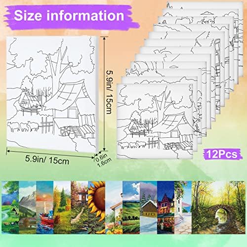 Teling 12 Pcs Pre Drawn Stretched Canvas Kit for Adults Painting Pre Printed Canvas Outline for DIY Painting Party Favor,6 x 6 x 0.6 Inches(Landscape) - Image 2