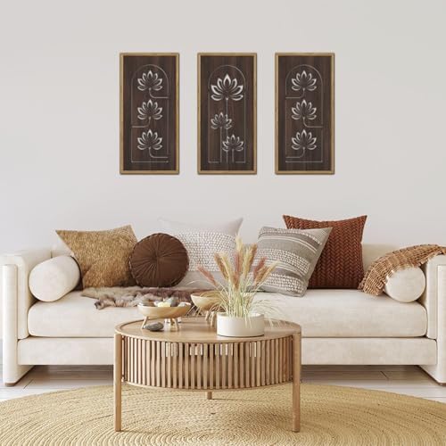KAIRNE Lotus Wooden Wall Art,Floral Vintage Farmhouse Room Boho Decor,Set of 3(16” X 8”),Framed Mandala Lotus Flowers Wall Decor,Bohemian Retro Wood Hanging Board for Living Room Yoga room Office Decoration - Image 5