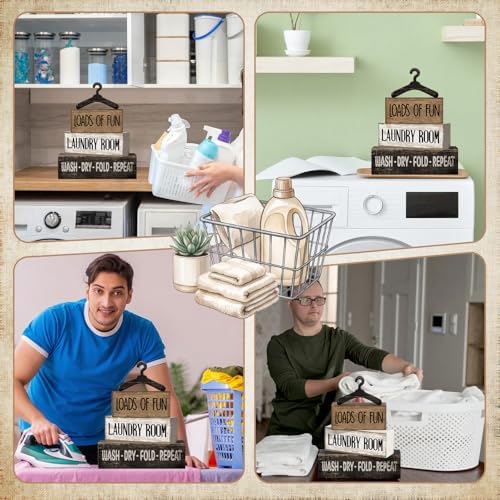 Moucuny 4 Pcs Laundry Room Decor Wooden Signs Rustic Farmhouse Block - Image 5