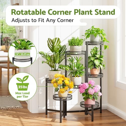 Plant Stand Indoor Outdoor, 7 Tier Large Plant Stand with 7.9-Inch Wide Drainage Tray, Tiered Corner Metal Iron Flower Display Holder Shelf, Folding Tall Rack for Patio Balcony Porch - BlackFlower - Image 2