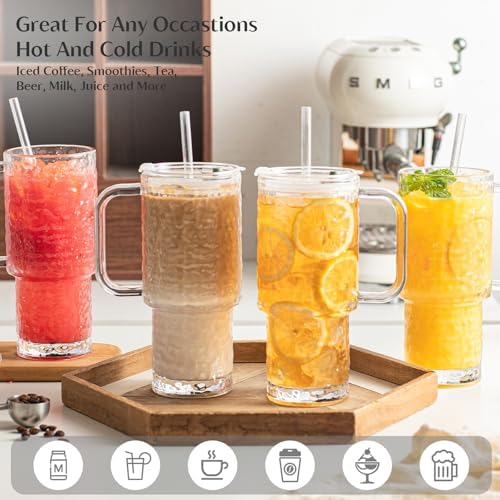 INSETLAN 24 oz Water Ripple Glass Tumbler with Handle and Lid, Set of 2 – Reusable Iced Coffee Cups with Lids, Clear Glass Cups with Straw for Coffee, Smoothies, Tea, Juice – Perfect for any Occasion - Image 6