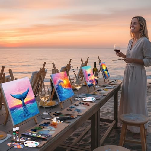 Ctosree 72 Pcs Natural Scenery Paint and Sip Kit for Adults 8'' x 10'' Pre Drawn Canvas for Painting DIY Pre Printed Canvas for Party Favor Afro Acrylic Painting Kit Wood Easel Brushes Bulk - Image 5