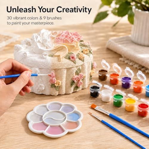 3 Pcs DIY Floral Plaster Jewelry Box Painting Kit for Adults & Teens - 3D Flower Trinket Boxes (Heart, Round, Oval) - Includes 6 Paint Strips, 9 Brushes, 3 Palettes & Secure Packaging - Image 5