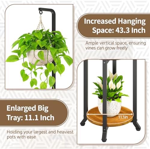 LASZOLA Hanging Plant Stand Holder Indoor Outdoor Tall, 2 Tier Black - Image 3