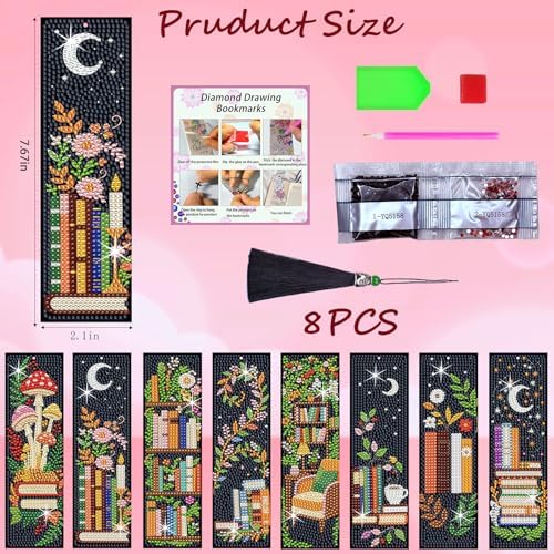 8PCS Diamond Painting Art Bookmarks,Cute Acrylic Bookmarks Crafts Kits Gifts with Tassels for Adult Women Book Lovers (Bookself2) - Image 4