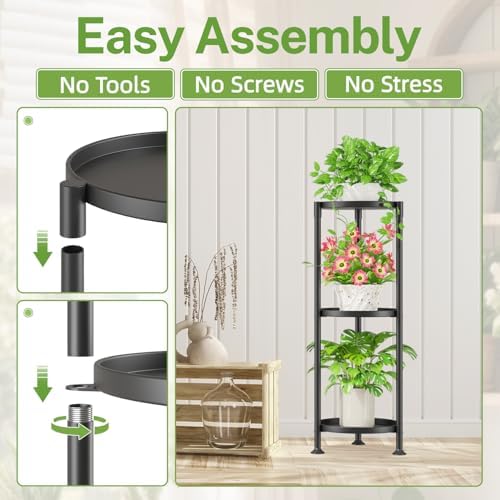 iDavosic.ly 3 Tier Plant Stand Indoor Outdoor, 10 In Wide Metal Tray, Black - Image 4
