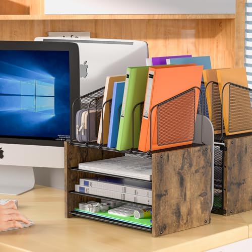 4-Tier Desk Organizer, Desk File Organizer with 5 Vertical File Holders, Office Desktop Organizer with 3 Level Paper Organizer Letter Tray, Wooden Desk Organizers and Accessories for Home Office - Image 3